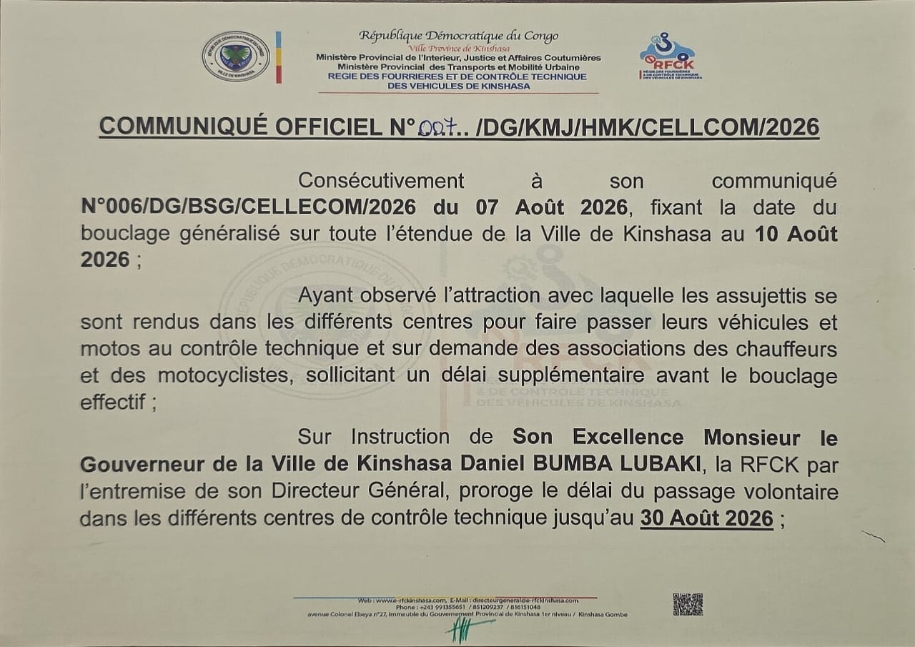 Kinshasa : le contrôle technique: prolongé jusqu’au 30 août 2026